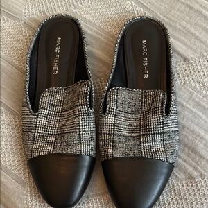 Marc Fisher Black and Gray Mules with Plaid Pattern